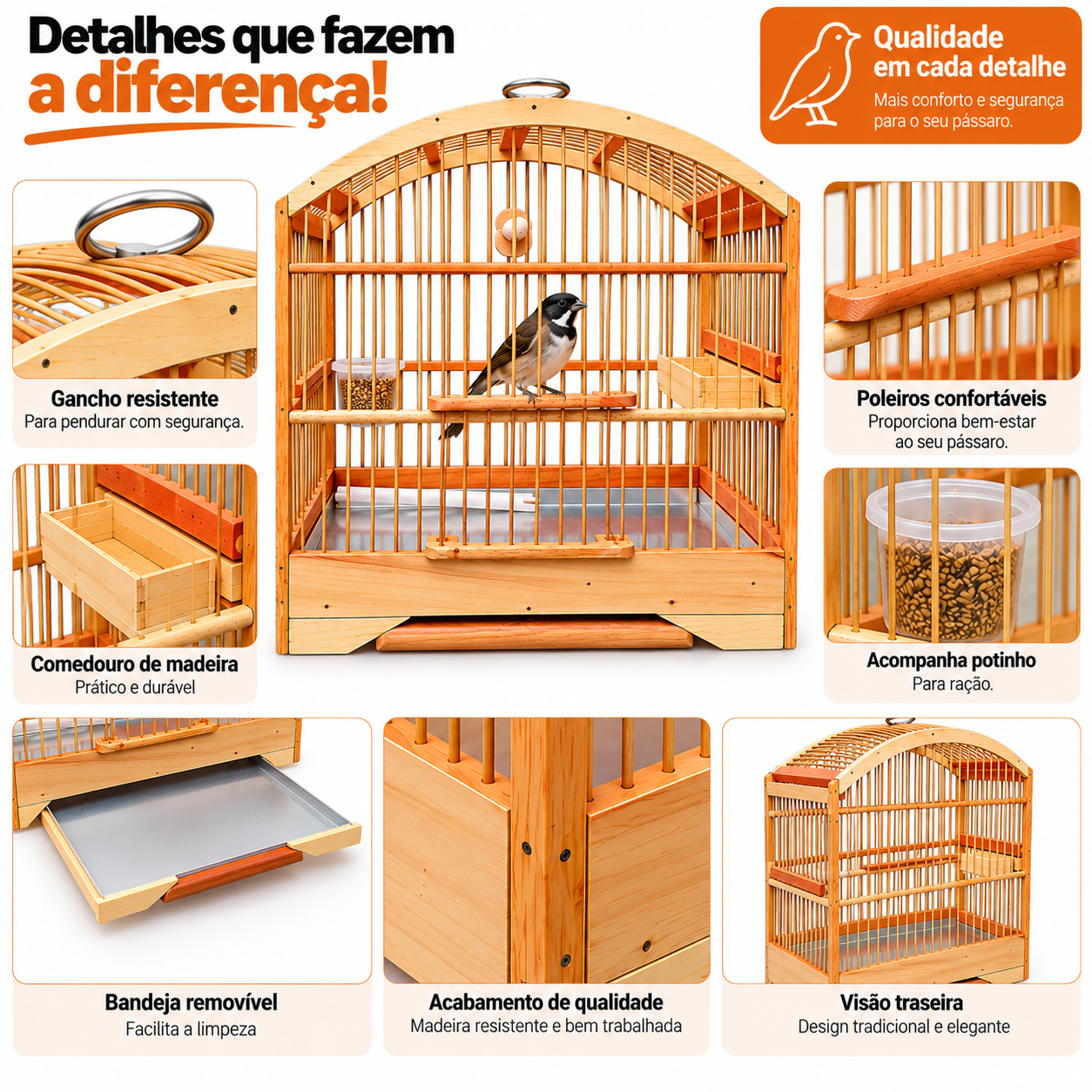 Gaiola de Madeira para Coleiro e Pássaros Pequenos 33x32x16 cm com Bandeja